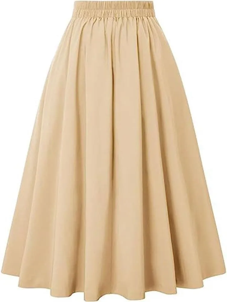 Sorrica Women's Vintage Flared A line Skirt High Waist Pleated Midi Skirt with Pocket