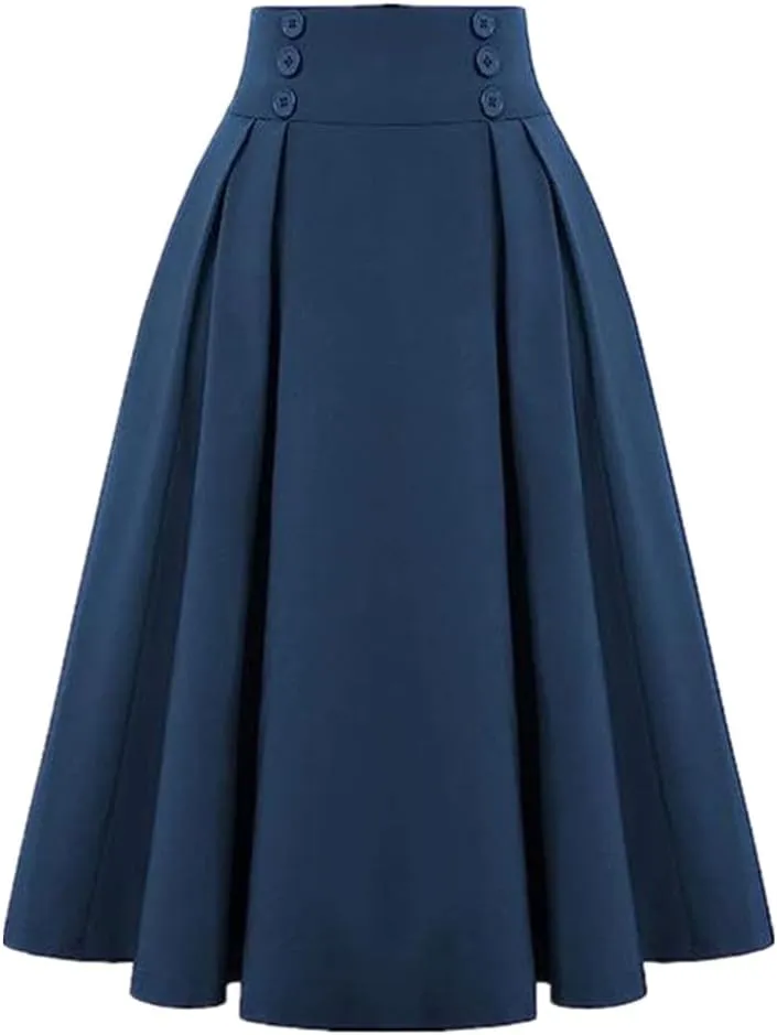 Sorrica Women's Vintage Flared A line Skirt High Waist Pleated Midi Skirt with Pocket