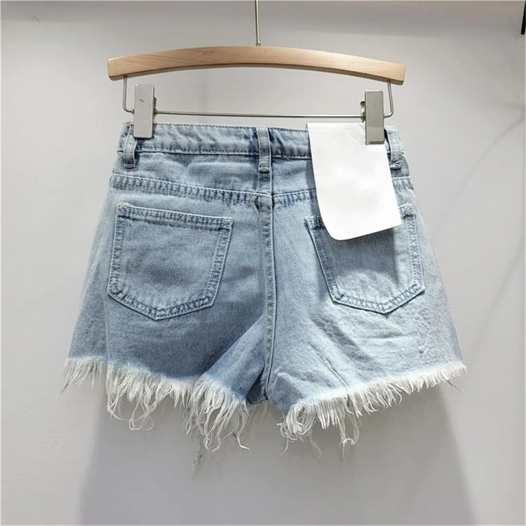 Sparkling Rhinestone-Studded Denim Hot Pants Women Denim Shorts Summer Fashion High Waist Wide Legs Short