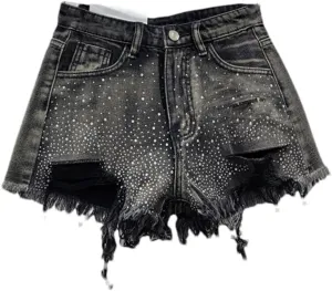 Sparkling Rhinestone-Studded Denim Hot Pants Women Denim Shorts Summer Fashion High Waist Wide Legs Short
