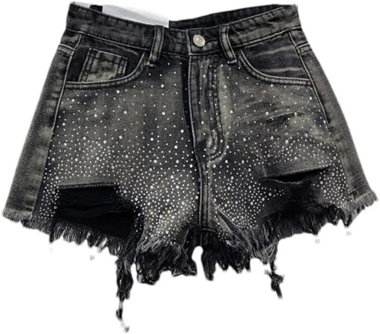Sparkling Rhinestone-Studded Denim Hot Pants Women Denim Shorts Summer Fashion High Waist Wide Legs Short