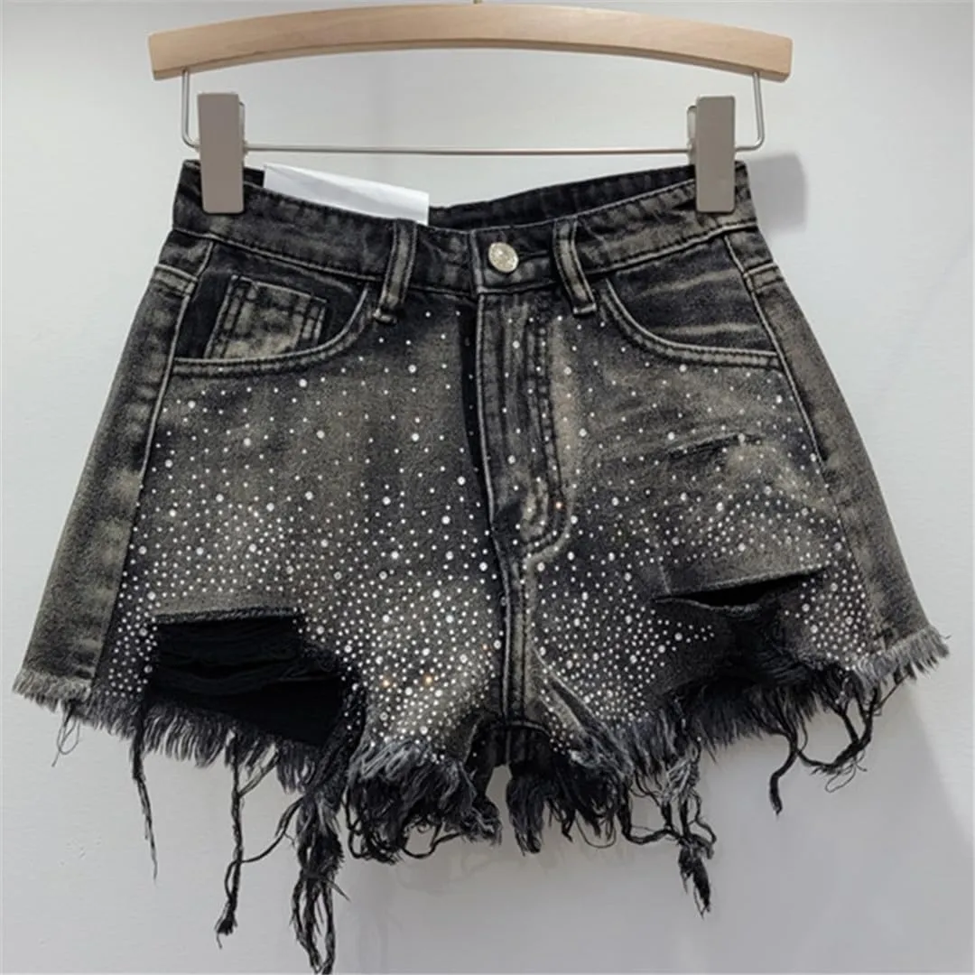 Sparkling Rhinestone-Studded Denim Hot Pants Women Denim Shorts Summer Fashion High Waist Wide Legs Short