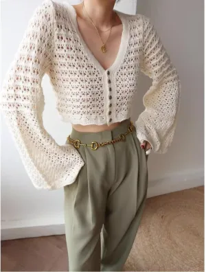 Spring Tops for Women V-Neck Cutout Buttonswhite Cardigan for Women Long Bell Sleeves Knit