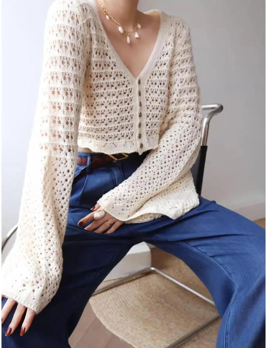 Spring Tops for Women V-Neck Cutout Buttonswhite Cardigan for Women Long Bell Sleeves Knit