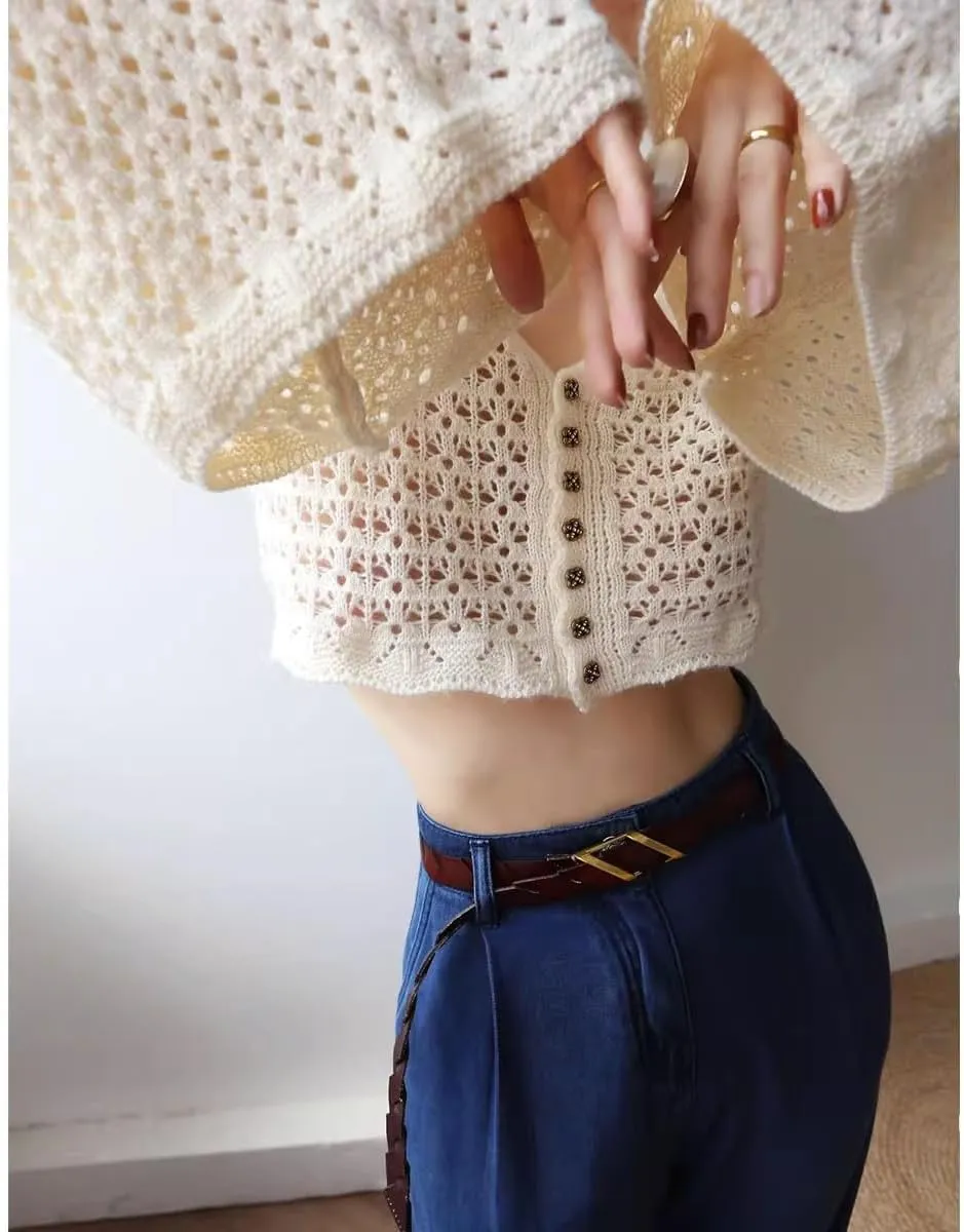 Spring Tops for Women V-Neck Cutout Buttonswhite Cardigan for Women Long Bell Sleeves Knit