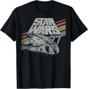 Star Wars Millennium Falcon 77 Retro Diagonal Stripe Disney  T-Shirt