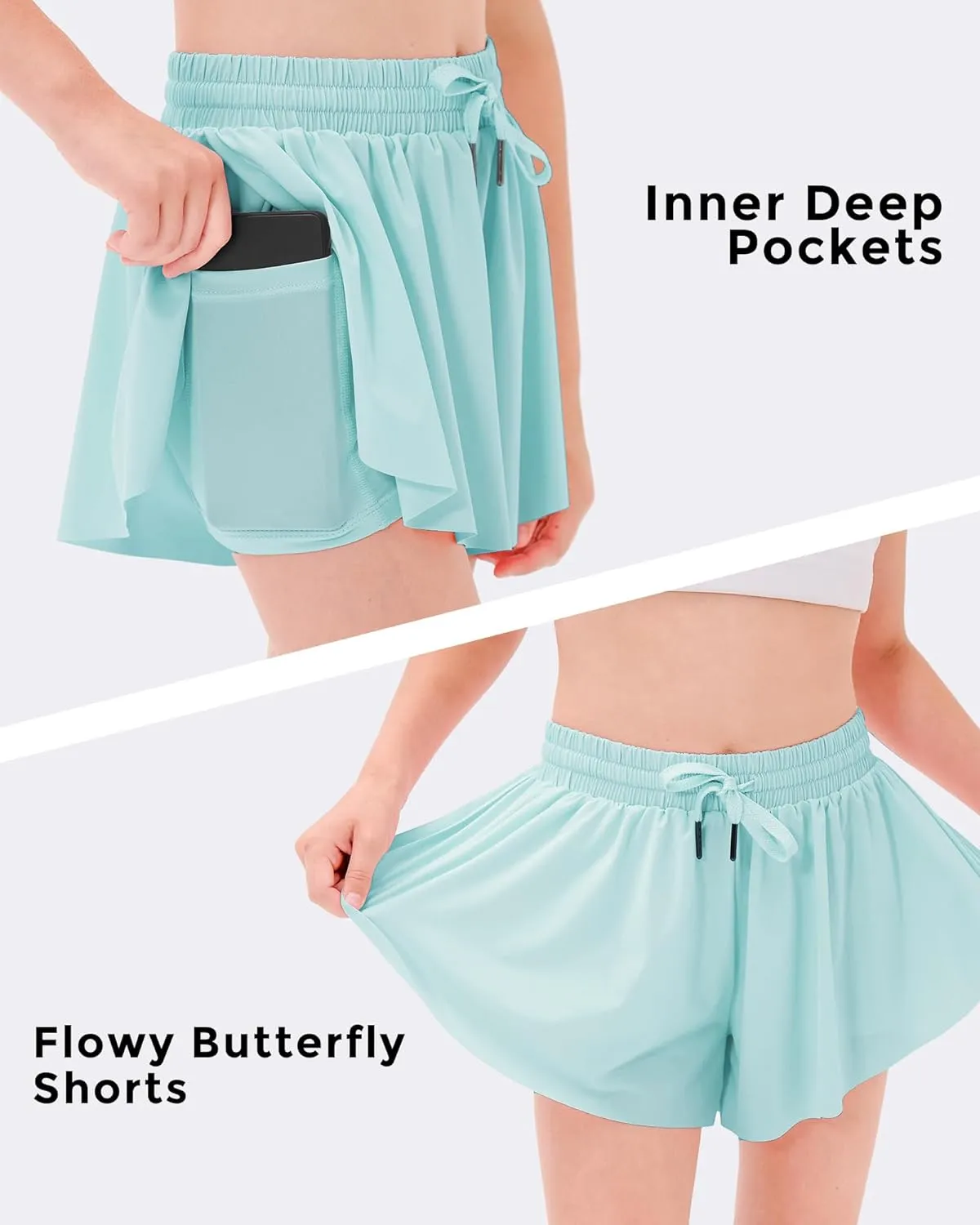 Stelle Girls Flowy Shorts with Pockets Athletic Running Skirt High Waist Butterfly 2 in 1 Sports Short 5-16 Years