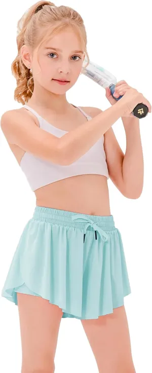 Stelle Girls Flowy Shorts with Pockets Athletic Running Skirt High Waist Butterfly 2 in 1 Sports Short 5-16 Years