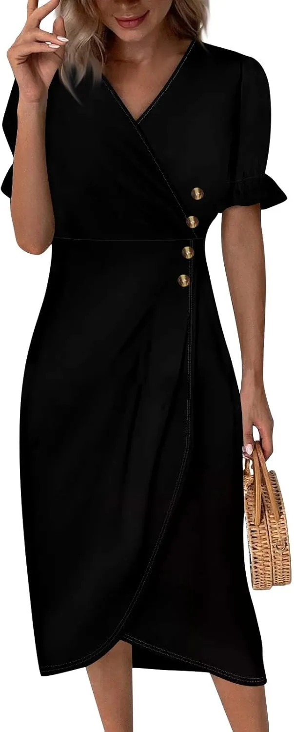 Summer Dresses Women Puff Sleeve Wrap Midi Dresses for Women Summer Womens Dresses Casual