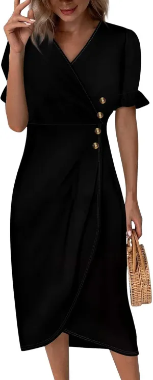 Summer Dresses Women Puff Sleeve Wrap Midi Dresses for Women Summer Womens Dresses Casual