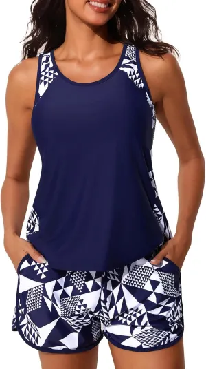 Summer Mae Blouson Tankini Swimsuits for Women 2025 Tummy Control Two Piece Bathing Suits with Sporty Pockets Swim Shorts
