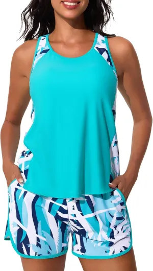 Summer Mae Blouson Tankini Swimsuits for Women 2025 Tummy Control Two Piece Bathing Suits with Sporty Pockets Swim Shorts