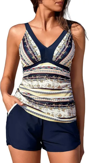 Summer Mae Color Block Tankini Swimsuits for Women 2025 with Side Pockets Sporty Swim Shorts Two Piece Bathing Suits