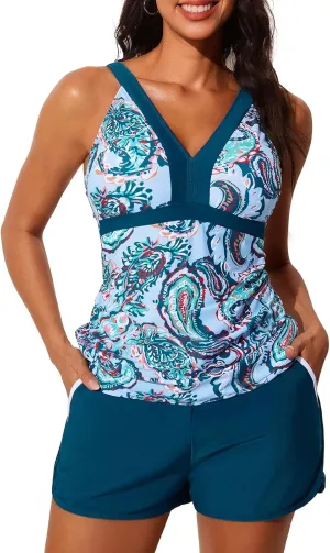 Summer Mae Color Block Tankini Swimsuits for Women 2025 with Side Pockets Sporty Swim Shorts Two Piece Bathing Suits