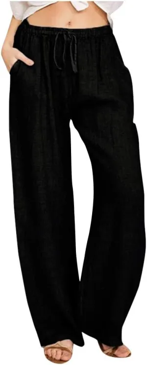 Summer Pants for Women Solid Color Casual Cotton Linen Pants 2025 Vacation Outfits Baggy Drawstring Trousers