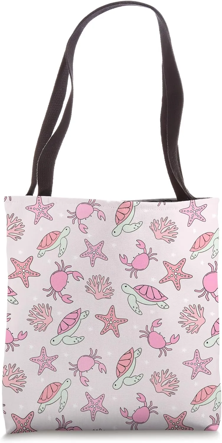 Summer Pink Turtles Starfish Beach Seashells Preppy Coastal Tote Bag