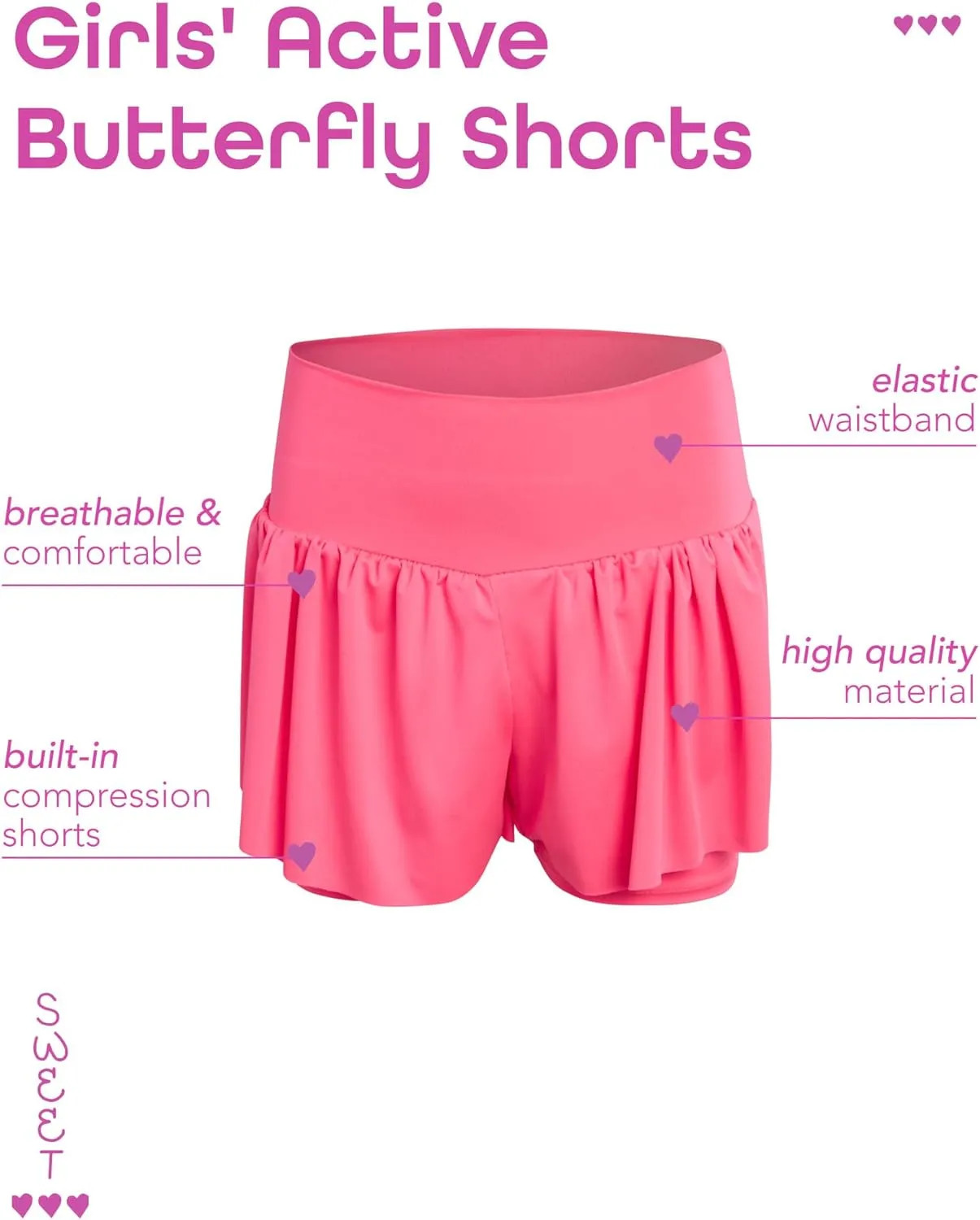 Sweet Hearts Girls Active Skort - 2 Pack Flowy Butterfly Shorts with Spandex Lining - Athletic Skirt for Girls, Made in USA