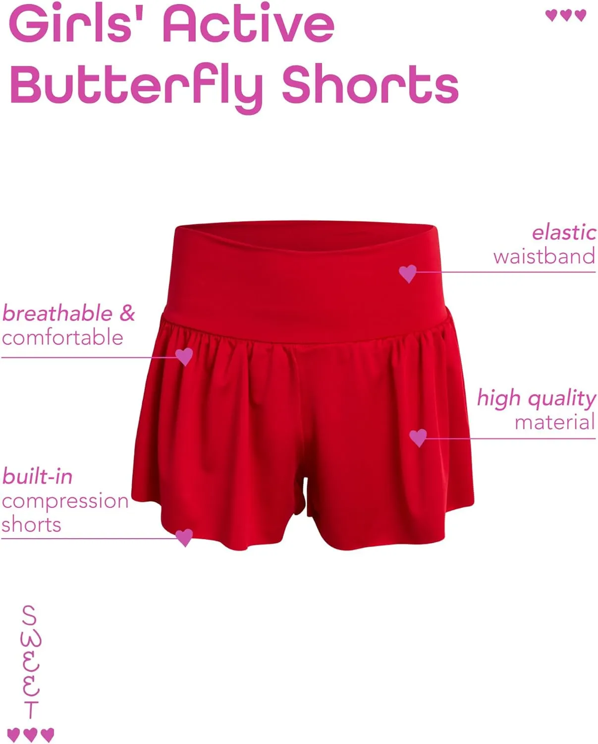 Sweet Hearts Girls Active Skort - 2 Pack Flowy Butterfly Shorts with Spandex Lining - Athletic Skirt for Girls, Made in USA