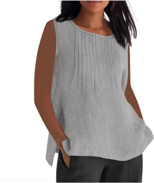 Tank Tops for Women 2025 Plus Size Pleated Side Split Camisole Tank Tops Summer Fashion Crew Neck Sleeveless Vest