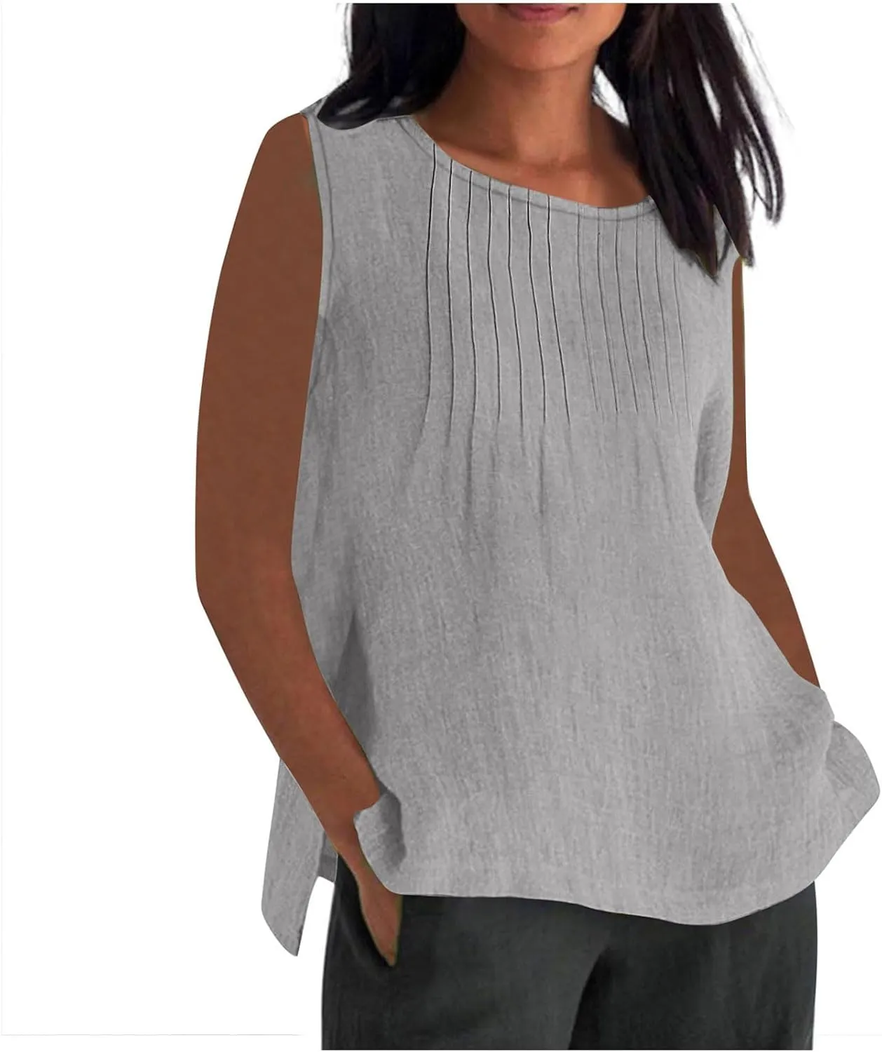 Tank Tops for Women 2025 Plus Size Pleated Side Split Camisole Tank Tops Summer Fashion Crew Neck Sleeveless Vest
