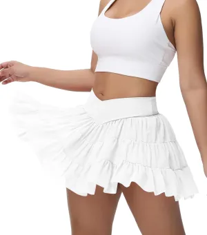 Tennis Skirt with Shorts V-Waist Flowy Pleated Ruffle Skirts Dance Golf Running Athletic Skorts