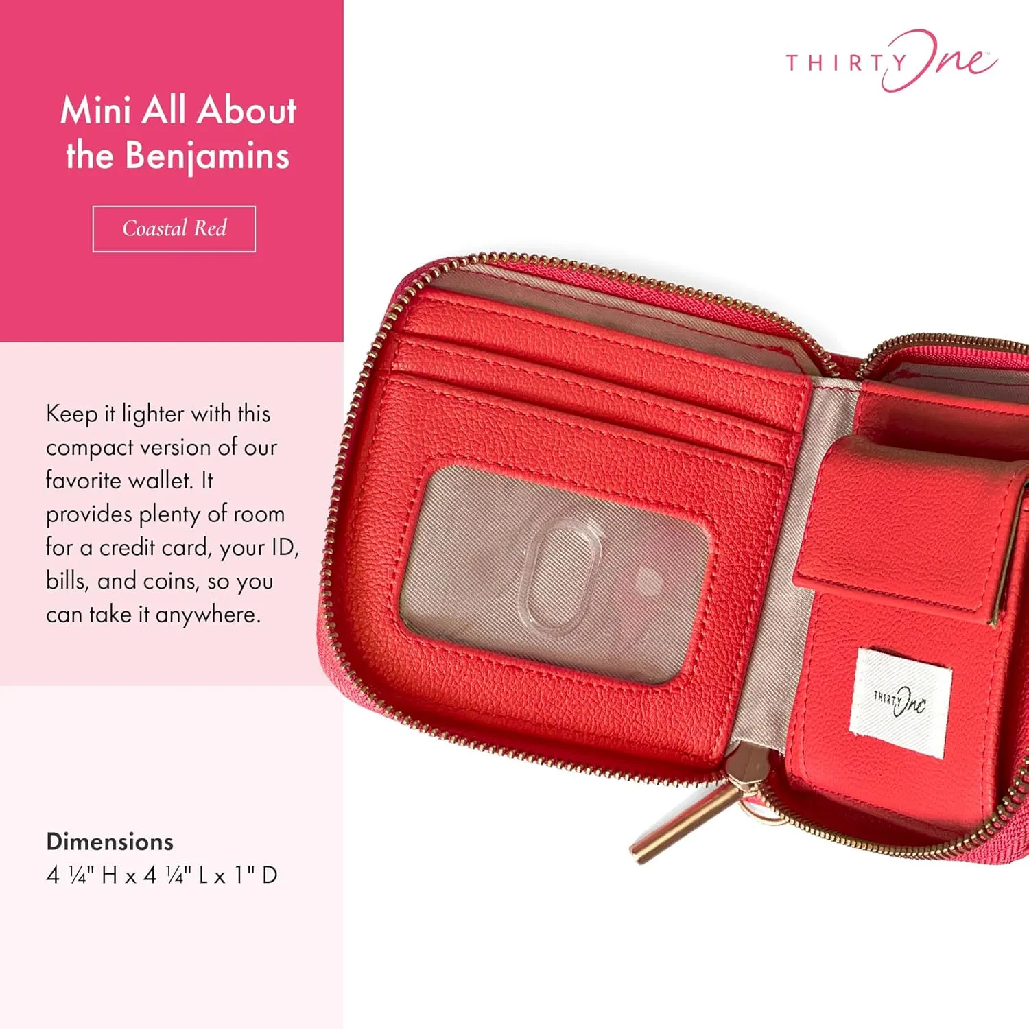 THIRTY-ONE Gifts Mini All About the Benjamins Wallet, Mini Card Wallet for Women, Small Zipper Wallet with Bill Slot, Coastal Red
