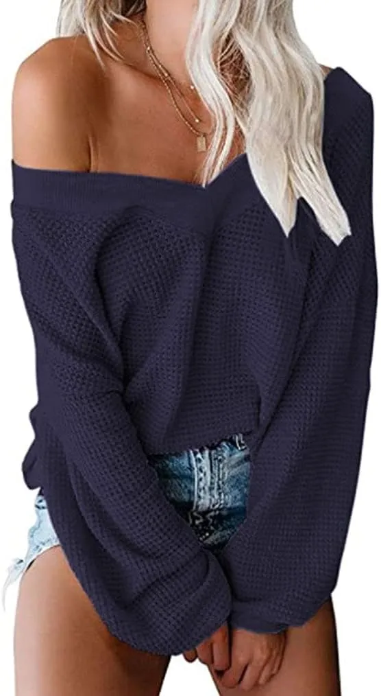 Tobrief Women's V Neck Long Sleeve Waffle Knit Tops Off Shoulder Oversized Pullover Sweater