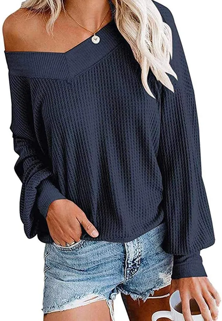 Tobrief Women's V Neck Long Sleeve Waffle Knit Tops Off Shoulder Oversized Pullover Sweater