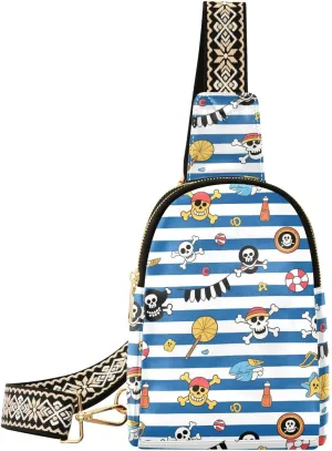 trendy Blue White Striped Coastal Pirate Skull chest bag for waterproof fanny pack diaper bag for day pack