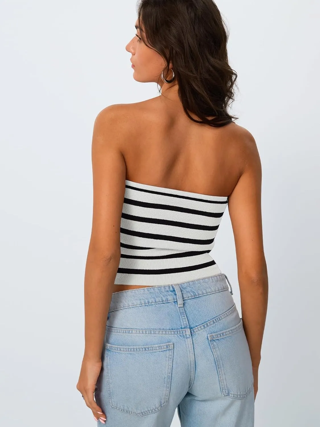 Trendy Queen Women Striped Tube Tops Strapless Going Out Backless Sleeveless Sexy Cute Y2k Knit Crop Summer Clothes 2025