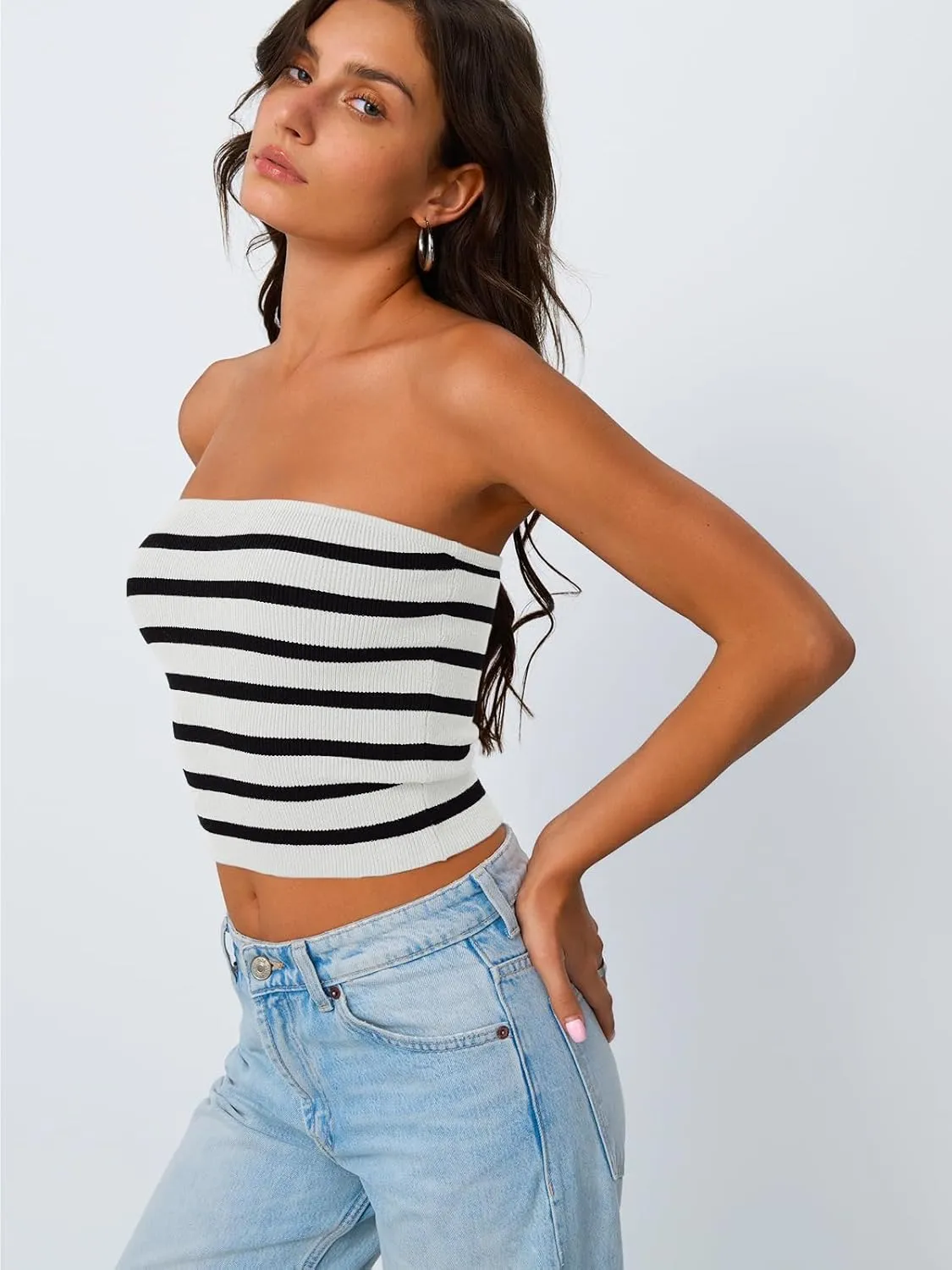 Trendy Queen Women Striped Tube Tops Strapless Going Out Backless Sleeveless Sexy Cute Y2k Knit Crop Summer Clothes 2025