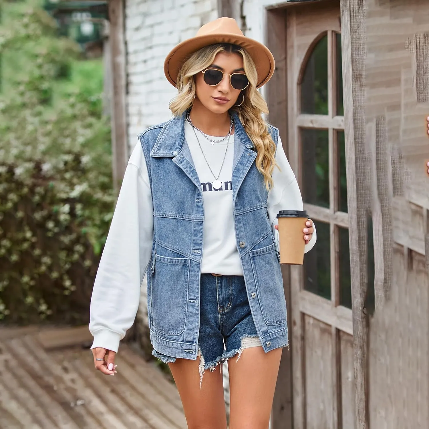 utcoco Womens 2024 Stylish Denim Vest Classic Button Down Lapel Denim Jacket Y2K Jean Vest Tops With Detachable Hat