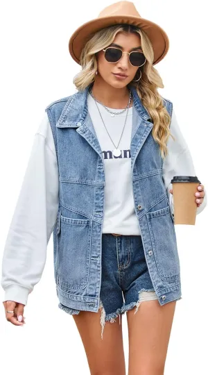 utcoco Womens 2024 Stylish Denim Vest Classic Button Down Lapel Denim Jacket Y2K Jean Vest Tops With Detachable Hat