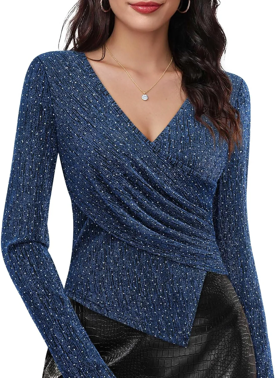 VALOLIA Womens Sparkly Tops Rhinestone Shiny Long Sleeve Ruched Asymmetrical Sparkle Blouses Cocktail Party Evening Shirts