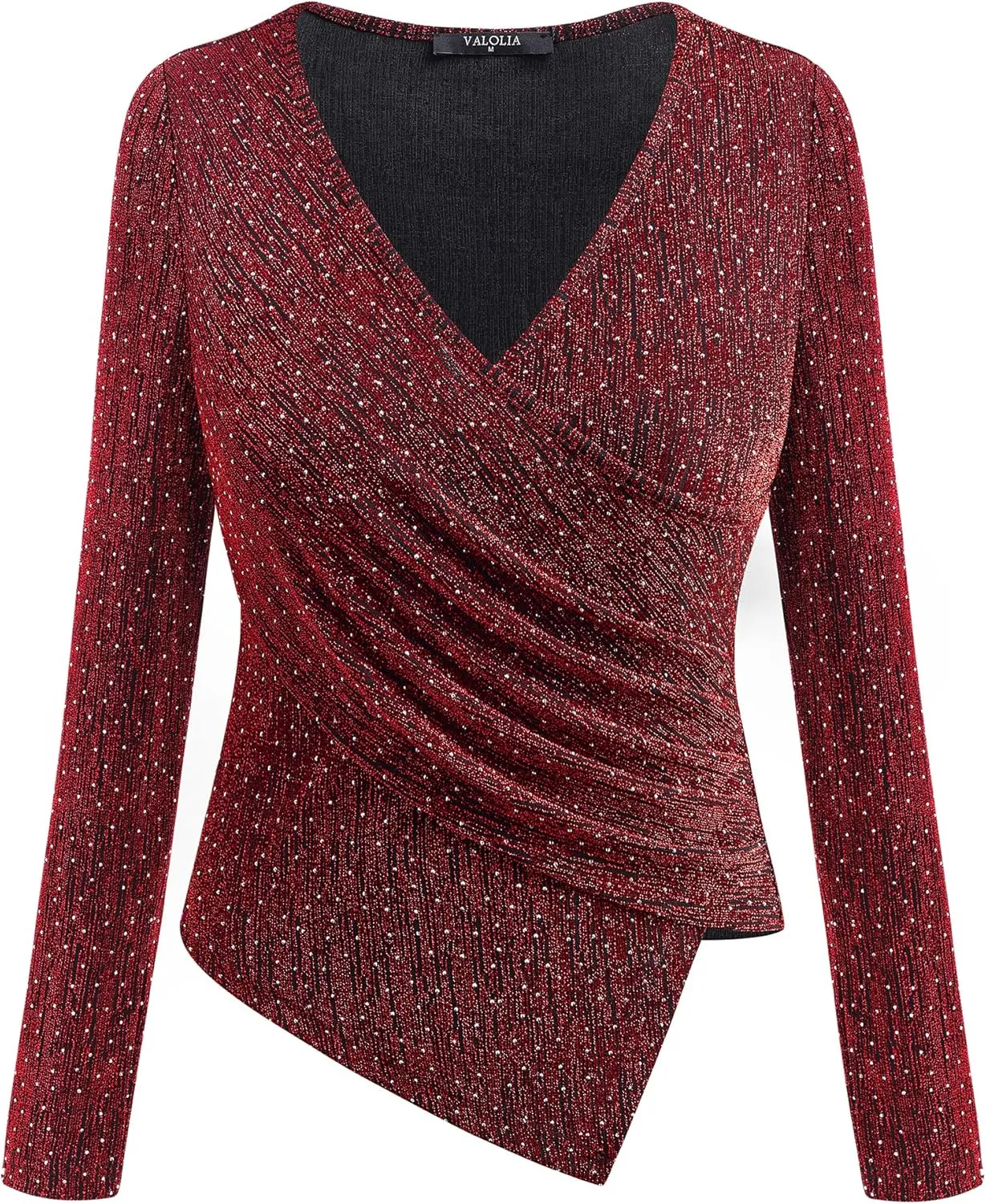 VALOLIA Womens Sparkly Tops Rhinestone Shiny Long Sleeve Ruched Asymmetrical Sparkle Blouses Cocktail Party Evening Shirts