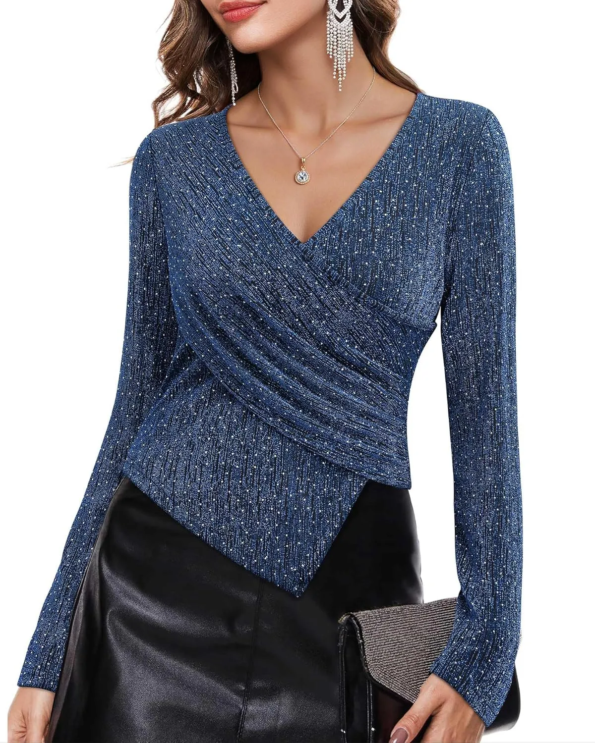 VALOLIA Womens Sparkly Tops Rhinestone Shiny Long Sleeve Ruched Asymmetrical Sparkle Blouses Cocktail Party Evening Shirts