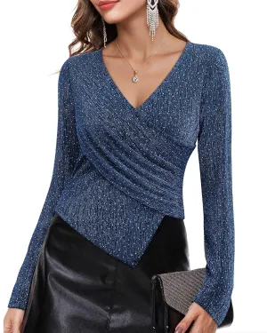 VALOLIA Womens Sparkly Tops Rhinestone Shiny Long Sleeve Ruched Asymmetrical Sparkle Blouses Cocktail Party Evening Shirts