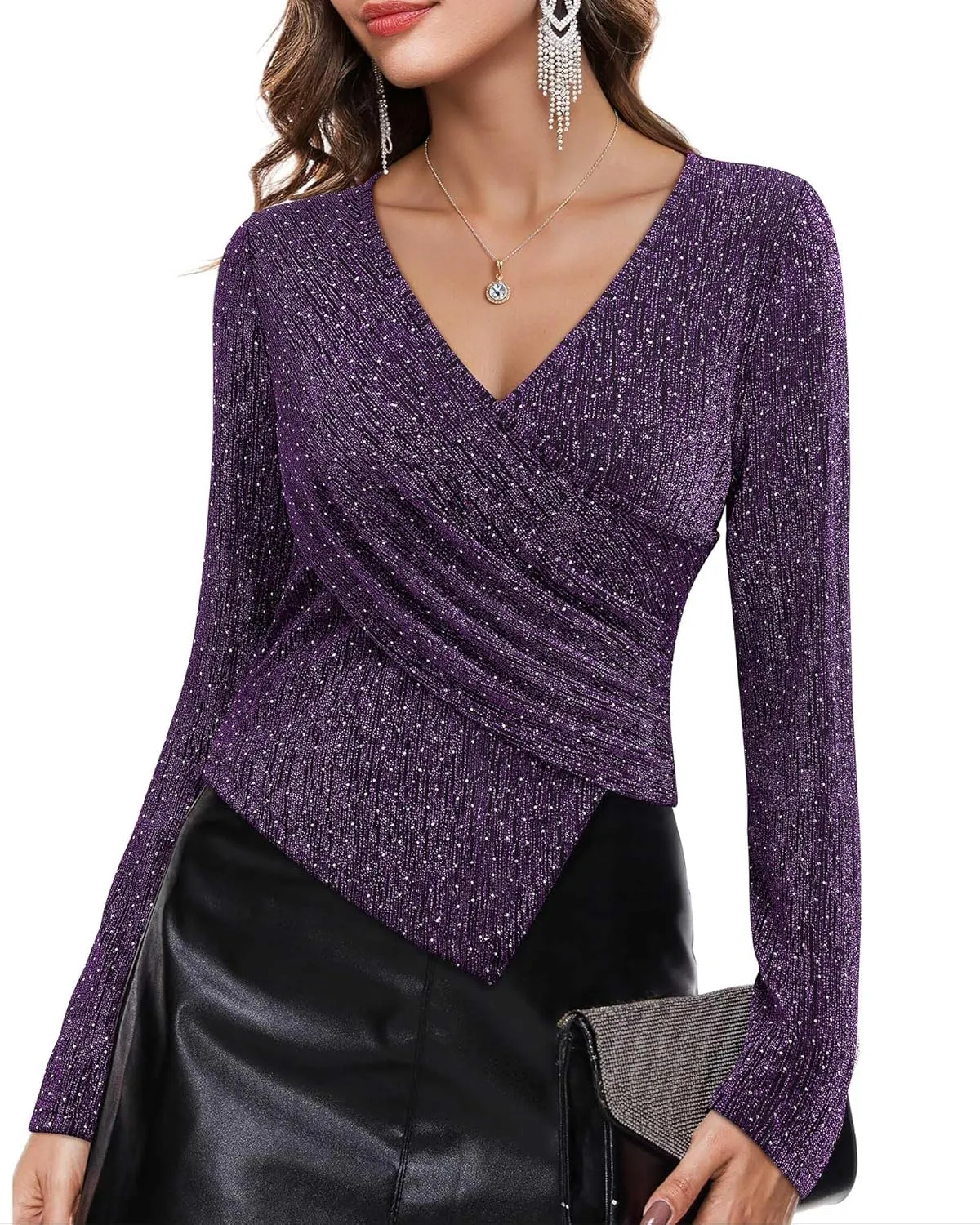 VALOLIA Womens Sparkly Tops Rhinestone Shiny Long Sleeve Ruched Asymmetrical Sparkle Blouses Cocktail Party Evening Shirts
