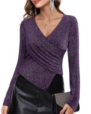 VALOLIA Womens Sparkly Tops Rhinestone Shiny Long Sleeve Ruched Asymmetrical Sparkle Blouses Cocktail Party Evening Shirts