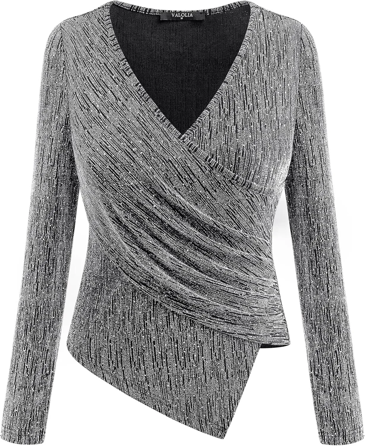 VALOLIA Womens Sparkly Tops Rhinestone Shiny Long Sleeve Ruched Asymmetrical Sparkle Blouses Cocktail Party Evening Shirts