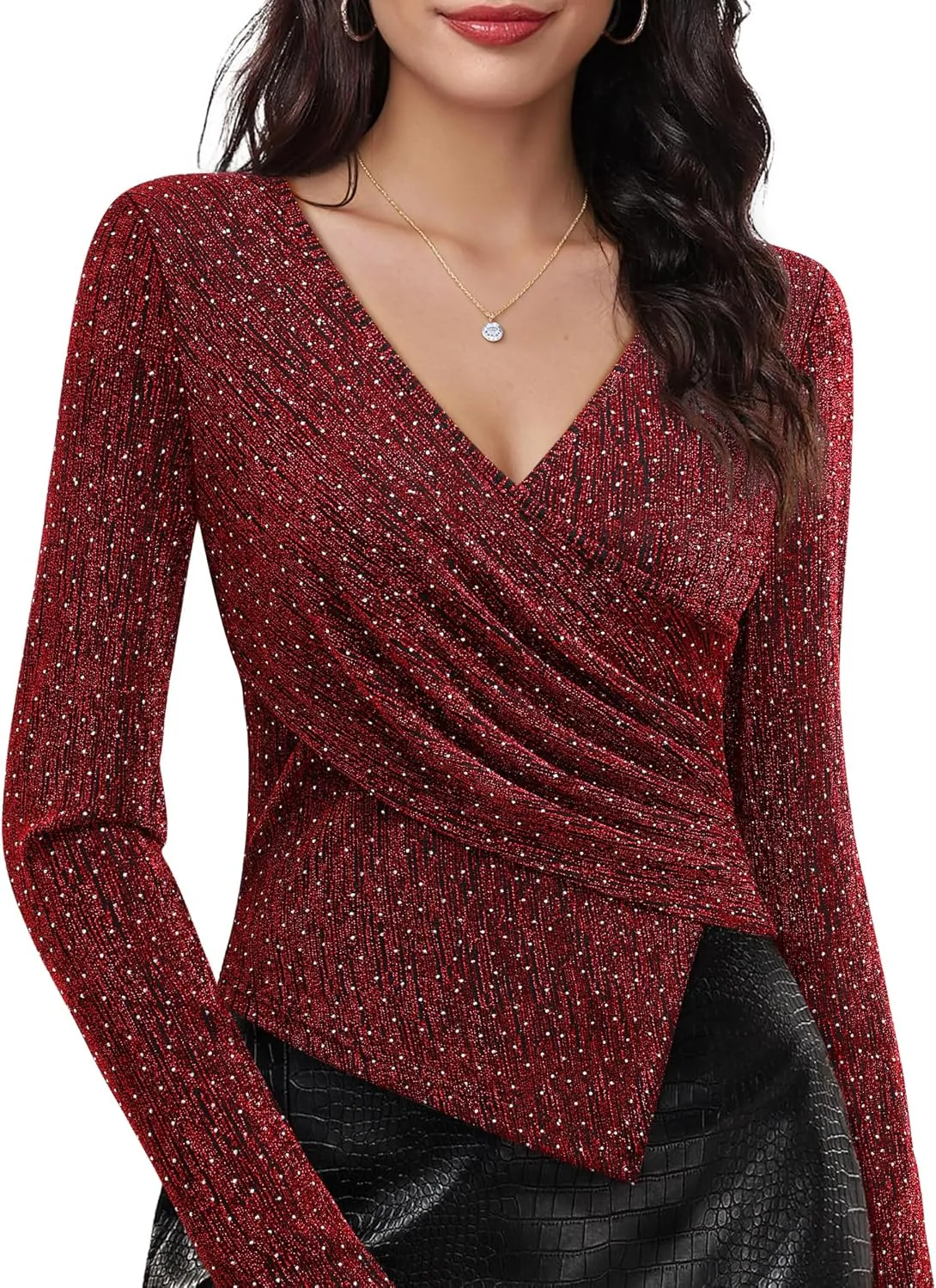 VALOLIA Womens Sparkly Tops Rhinestone Shiny Long Sleeve Ruched Asymmetrical Sparkle Blouses Cocktail Party Evening Shirts