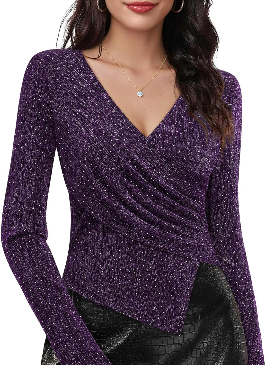 VALOLIA Womens Sparkly Tops Rhinestone Shiny Long Sleeve Ruched Asymmetrical Sparkle Blouses Cocktail Party Evening Shirts