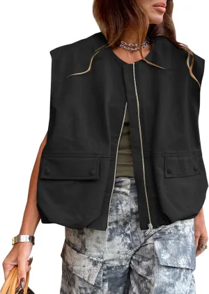 Vest Tops For Women Casual Zip Up Vest Cargo Oversized Ruched Hem Sleeveless Blazer Jackets Tops M-XL