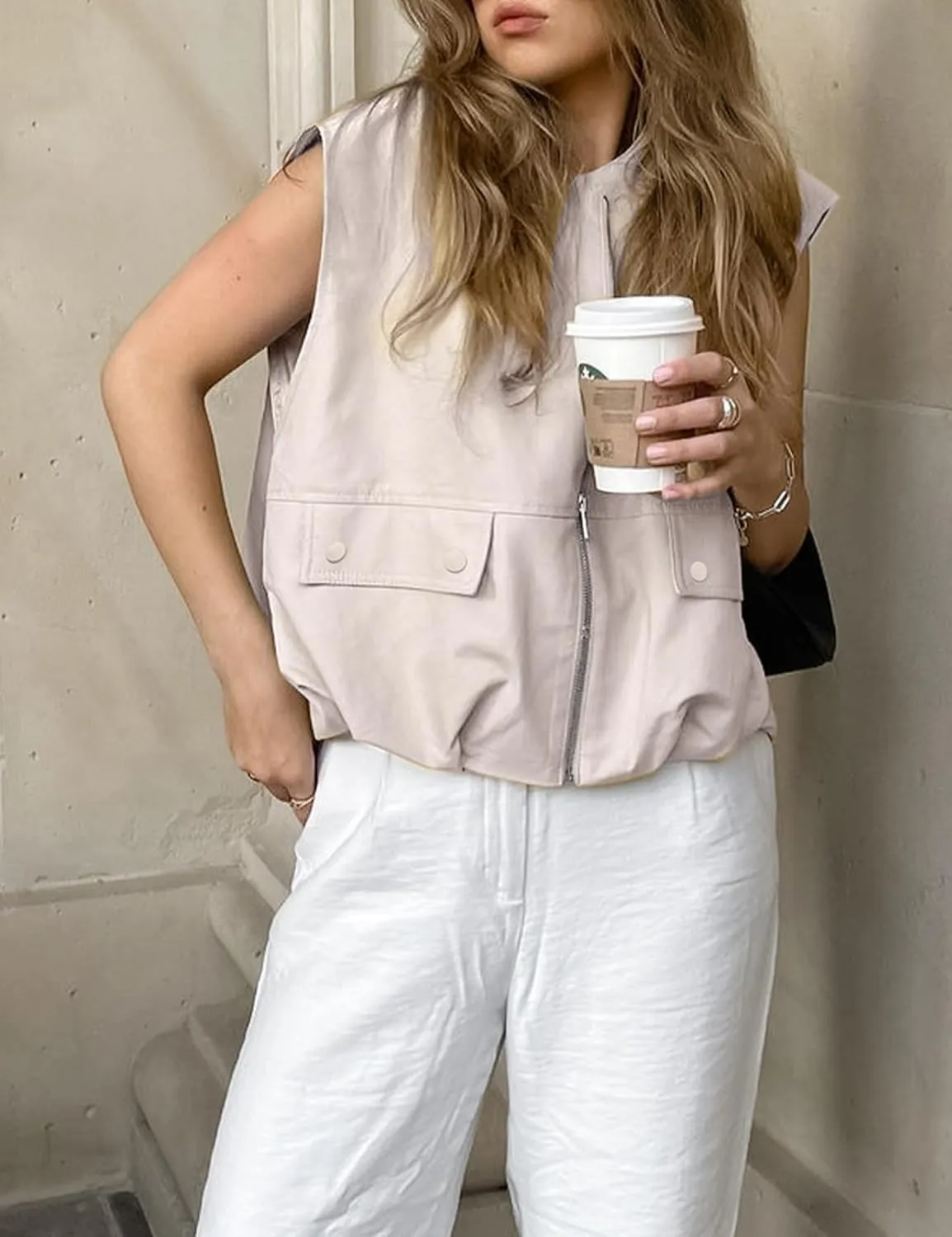 Vest Tops For Women Casual Zip Up Vest Cargo Oversized Ruched Hem Sleeveless Blazer Jackets Tops M-XL