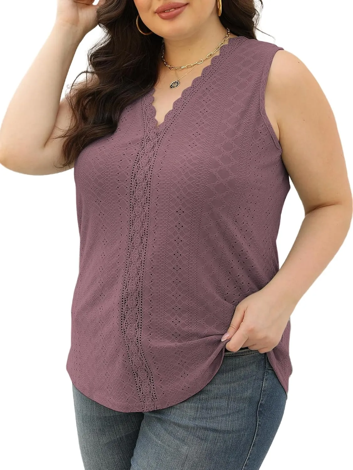 VISLILY Womens-Plus-Size-Summer-Tank-Tops 2025 Cute Lace V Neck T Shirts Casual Sleeveless Blouses Trendy Eyelet Tunics Tee