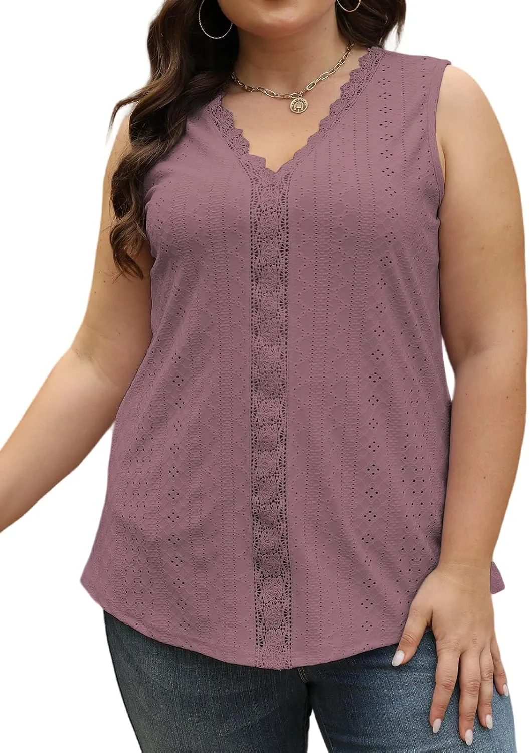 VISLILY Womens-Plus-Size-Summer-Tank-Tops 2025 Cute Lace V Neck T Shirts Casual Sleeveless Blouses Trendy Eyelet Tunics Tee