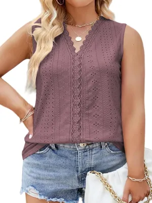 VISLILY Womens-Plus-Size-Summer-Tank-Tops 2025 Cute Lace V Neck T Shirts Casual Sleeveless Blouses Trendy Eyelet Tunics Tee