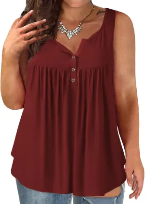 VISLILY Womens-Plus-Size-Tank-Tops Summer Sleeveless Henley Shirts Buttons Up Tunics Flowy Pleated Blouses