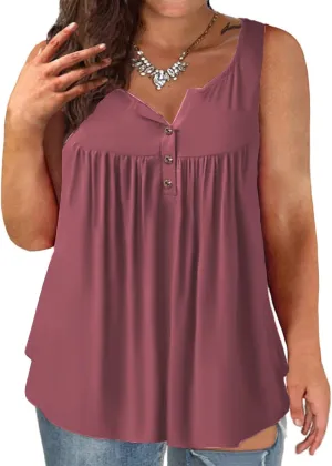 VISLILY Womens-Plus-Size-Tank-Tops Summer Sleeveless Henley Shirts Buttons Up Tunics Flowy Pleated Blouses