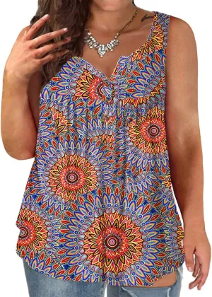 VISLILY Womens-Plus-Size-Tank-Tops Summer Sleeveless Henley Shirts Buttons Up Tunics Flowy Pleated Blouses
